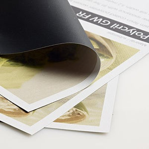 Printable vinyl media with printed tan image folded to illustrate polycril material backside