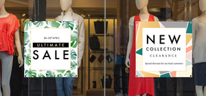 Two printed sales graphics on window banners made of G-Floor Graphic printable media on windows of retail store in front of mannequins